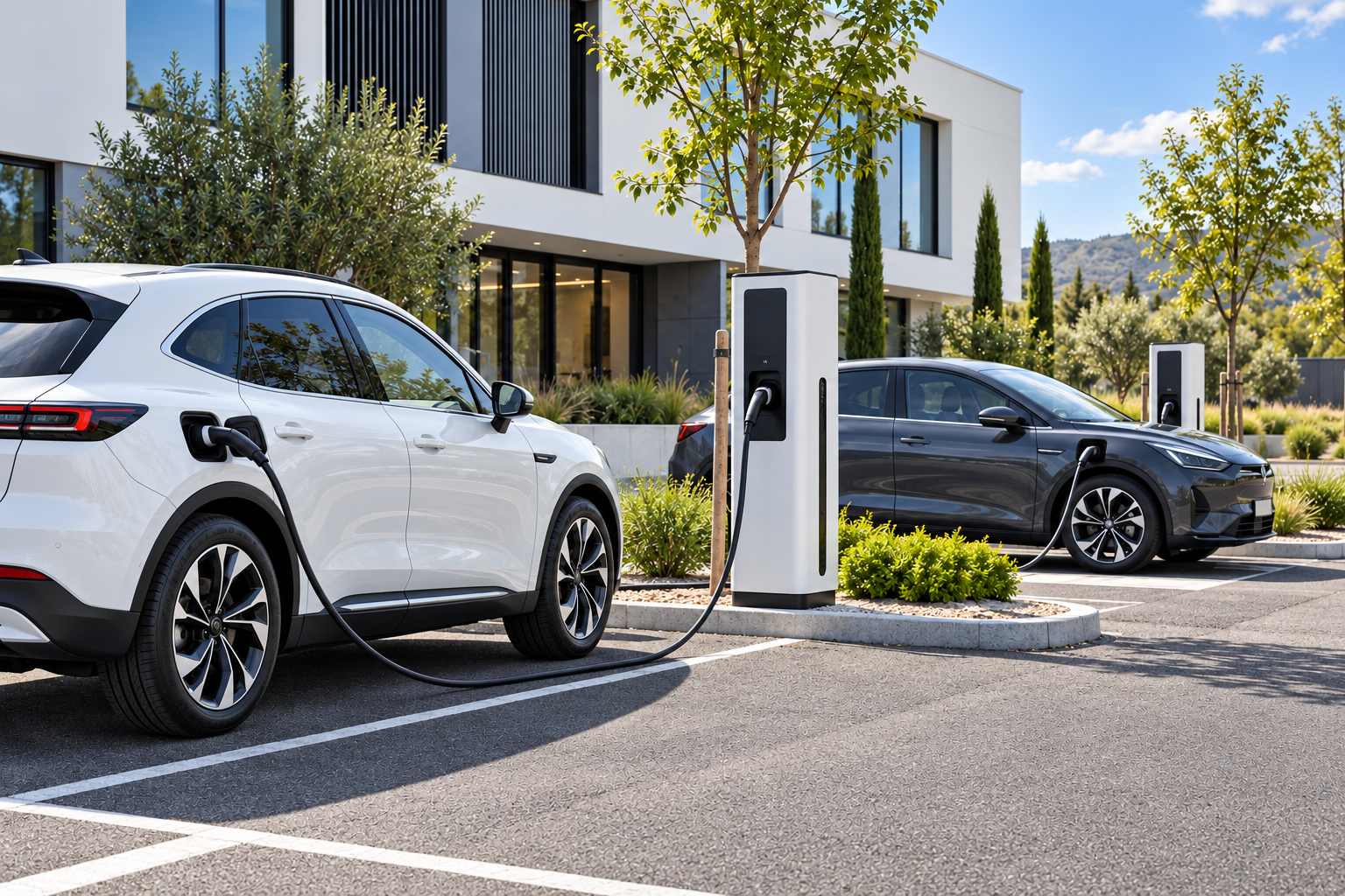 Bornes de recharge sur un parking professionnel — illustration