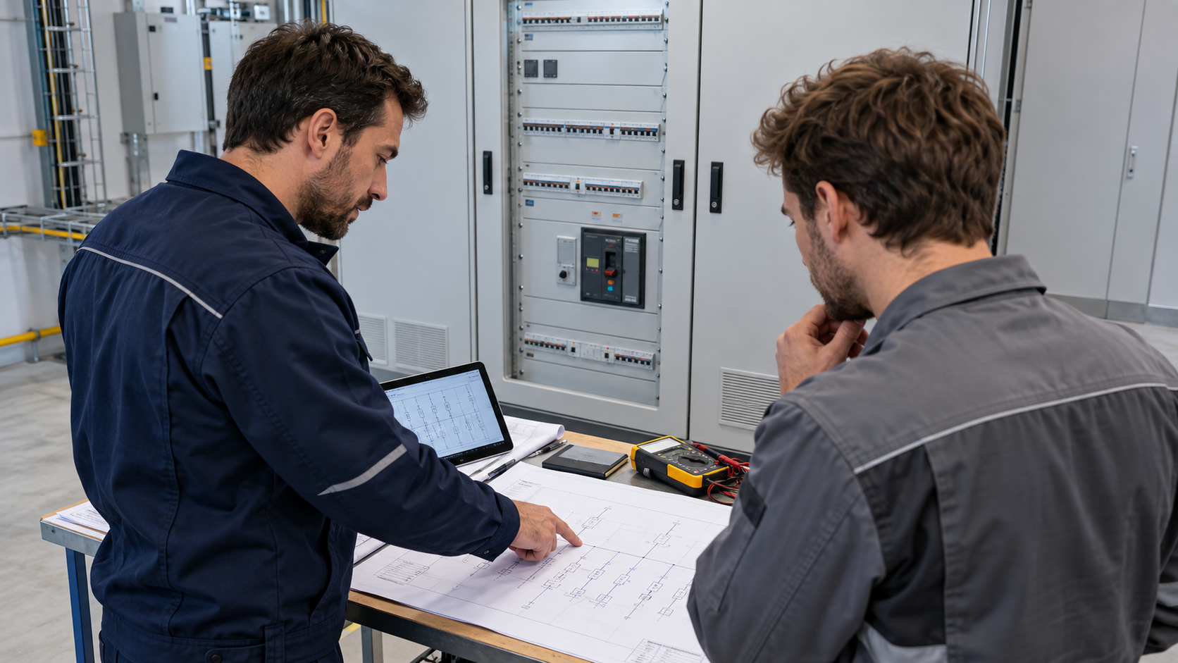 Préparation d’une installation électrique à partir de schémas et de matériel de contrôle — illustration